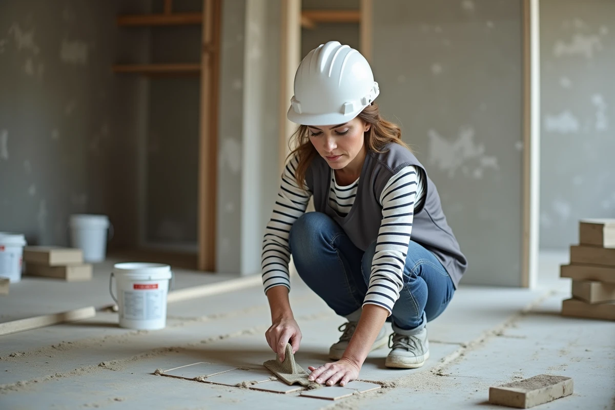 Femme en reconversion professionnelle posant du carrelage sur un chantier de rénovation après une formation bricolage financée par le CPF