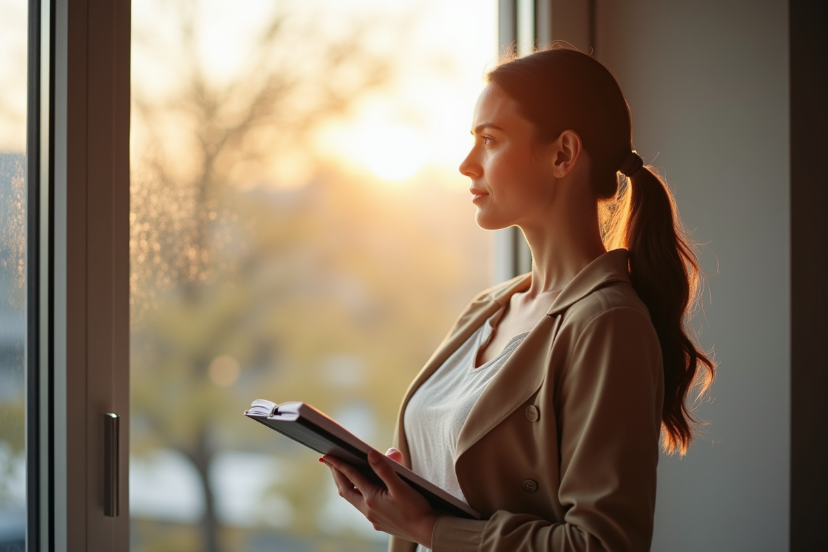 Femme regardant par la grande fenetre en matinée