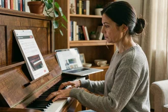 Femme adulte reprenant le piano à la maison avec un tutoriel en ligne affiché sur un ordinateur portable