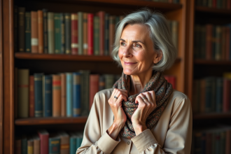 Femme d'une cinquantaine ajustant son foulard en bibliothèque
