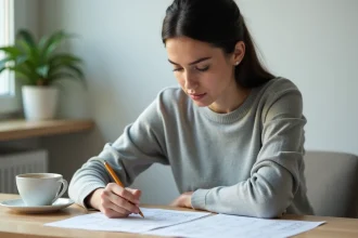 Femme concentrée en train de passer un test de QI imprimé à son bureau à domicile