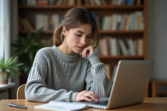 Femme concentrée passant un test de QI en ligne sur son ordinateur portable dans un bureau à domicile
