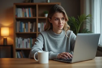 Femme concentrée passant un test de QI en ligne sur son ordinateur portable dans un bureau calme à la maison