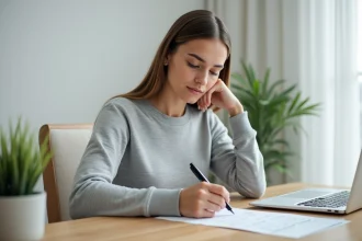 Femme concentrée remplissant un test de QI officiel sur papier dans un bureau épuré