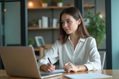 Femme en t&eacute;l&eacute;travail lors d'une formation en ligne