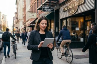 Femme confiante en ville avec tablette et blazer