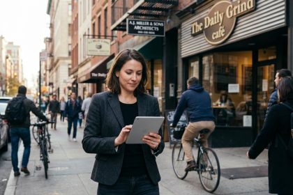Femme confiante en ville avec tablette et blazer