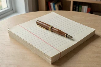 Feuilles séyès avec marge rouge empilées sur un bureau en bois avec un stylo plume, prêtes pour les dictées scolaires
