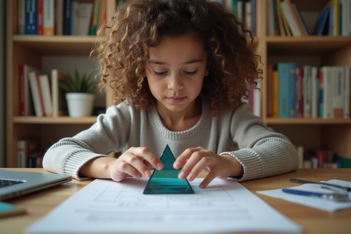 Jeune fille assemble un mod&egrave;le pyramide en plastique