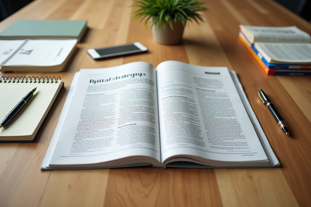 Flat-lay d'un magazine de formation business ouvert entouré de notes professionnelles et d'un smartphone affichant un abonnement en ligne
