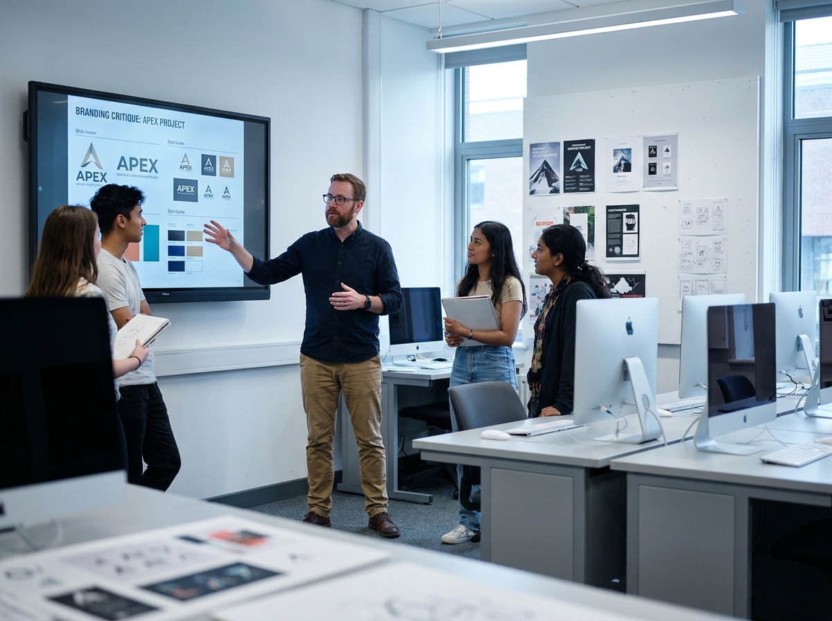 Formateur en design graphique animant une critique de projet de branding devant des étudiants dans une école de design équipée d'iMacs