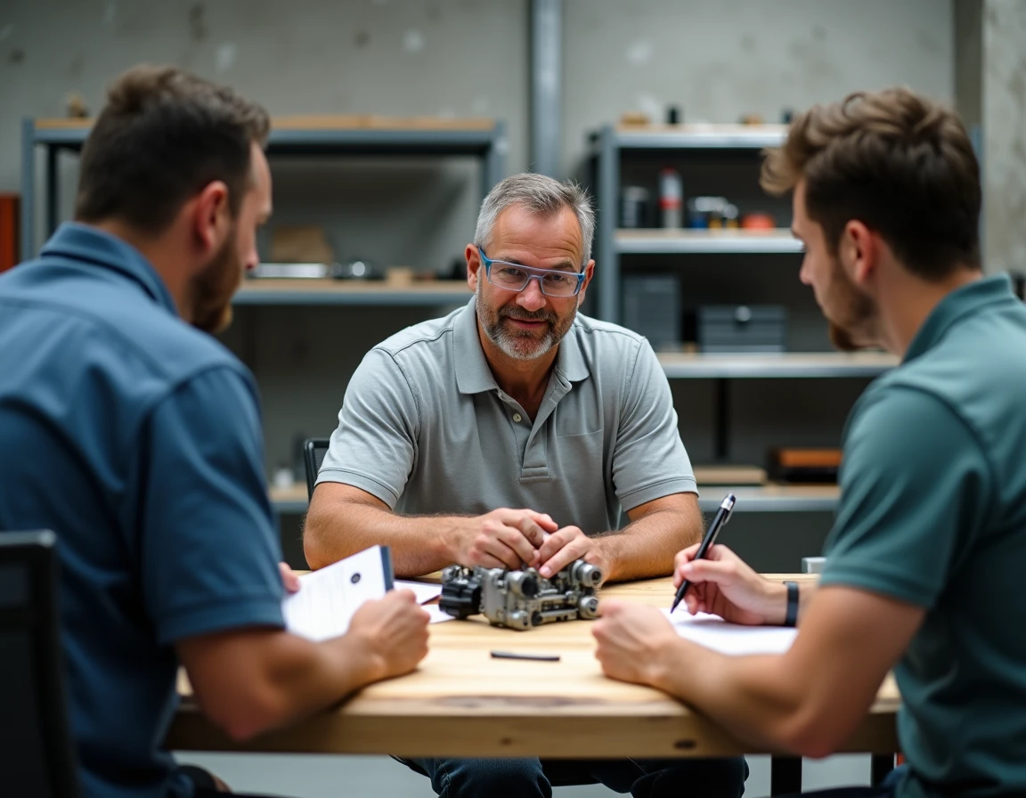 Formateur métier en atelier technique transmettant son savoir-faire à des apprenants adultes dans un environnement de formation professionnelle
