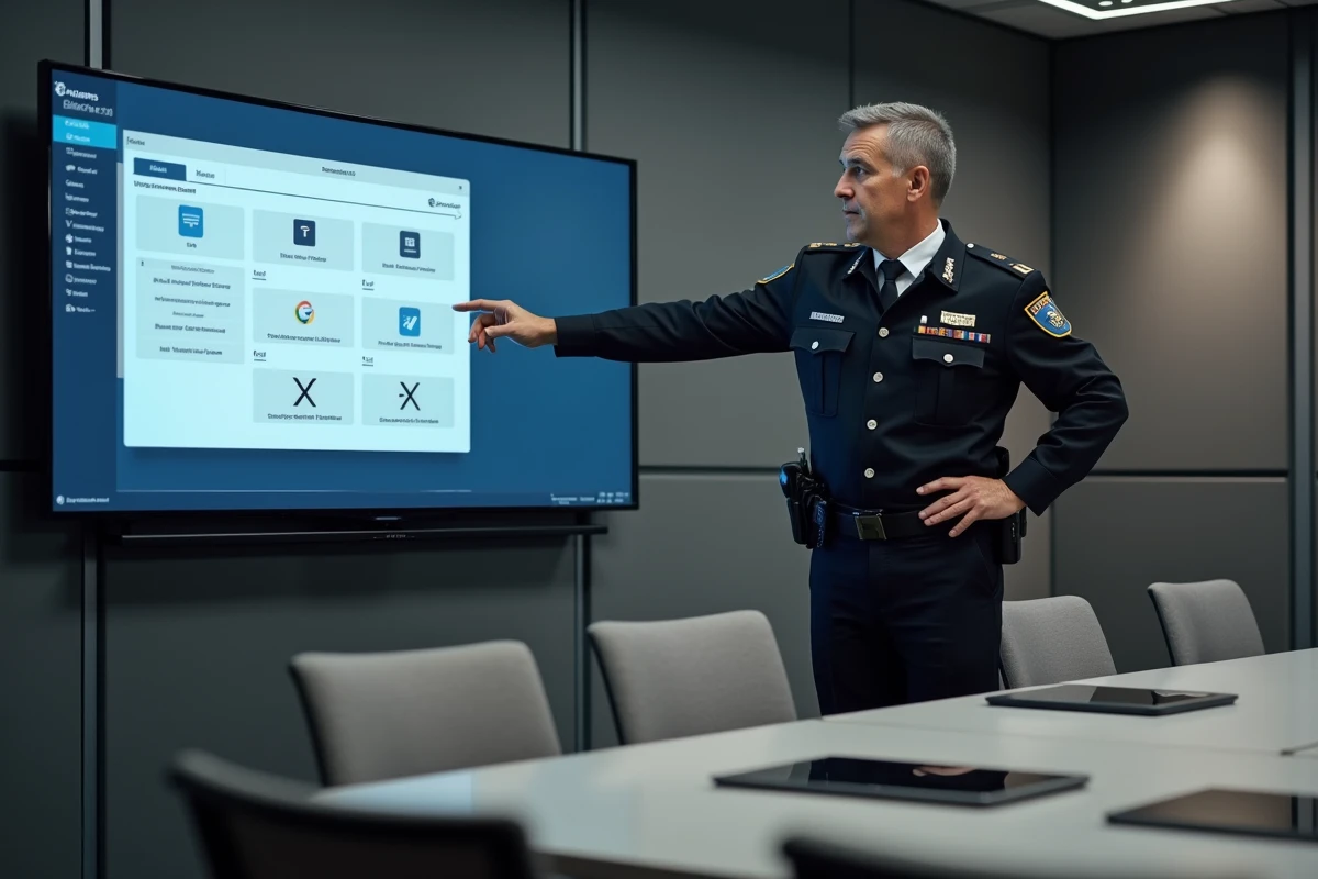 Formateur de police présentant la plateforme ECampus Poli lors d'une séance d'orientation pour les nouveaux élèves policiers