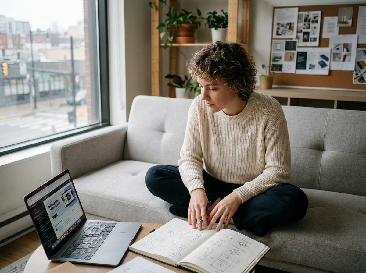 Apprenant en formation design graphique en ligne depuis un bureau à domicile, avec sketchbook de wireframes et tableau de références visuelles