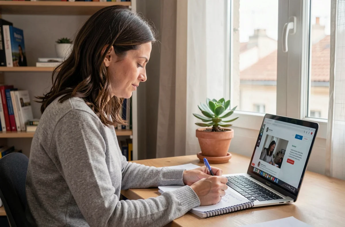 Femme en formation en ligne depuis son domicile à Marseille, prenant des notes sur un cours à distance