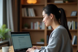 Femme suivant une formation en ligne METIS sur son ordinateur portable depuis son bureau à domicile