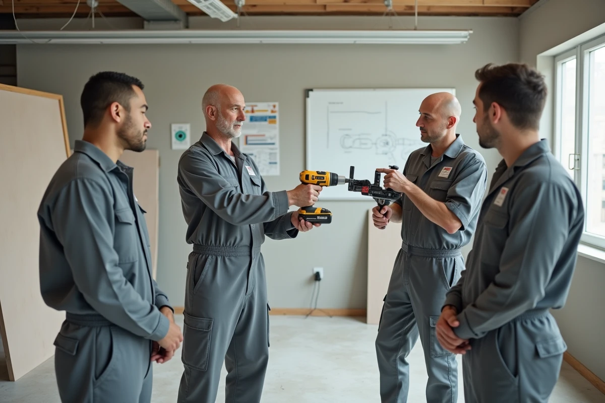 Groupe de stagiaires en reconversion dans le bâtiment suivant une formation pratique à la pose de cloisons sèches avec un formateur expert