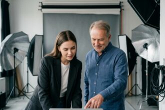 Jeune photographe en formation professionnelle discutant des images avec son mentor dans un studio photo équipé