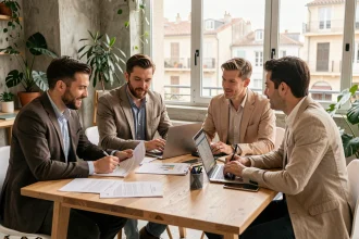 Groupe d'adultes en formation professionnelle autour d'une table dans un espace de coworking à Aix-en-Provence