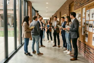 Groupe d'étudiants en alternance discutant dans un couloir moderne d'un campus des Pays de la Loire