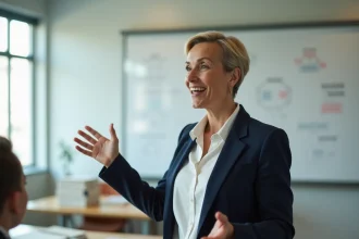 Formatrice expérimentée animant une session de formation professionnelle dans un centre AFPA avec des apprenants adultes en arrière-plan