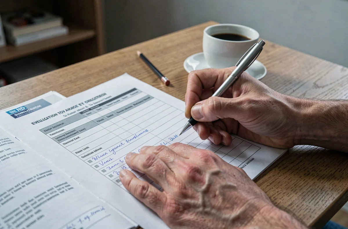 Gros plan sur des mains remplissant un formulaire d'exercice de recrutement Scolinfo avec un guide imprimé ouvert à côté