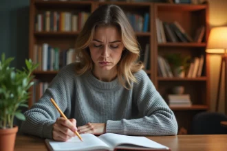 Femme francophone étudiant les conjugaisons espagnoles du passé simple du verbe tener avec des notes manuscrites corrigées