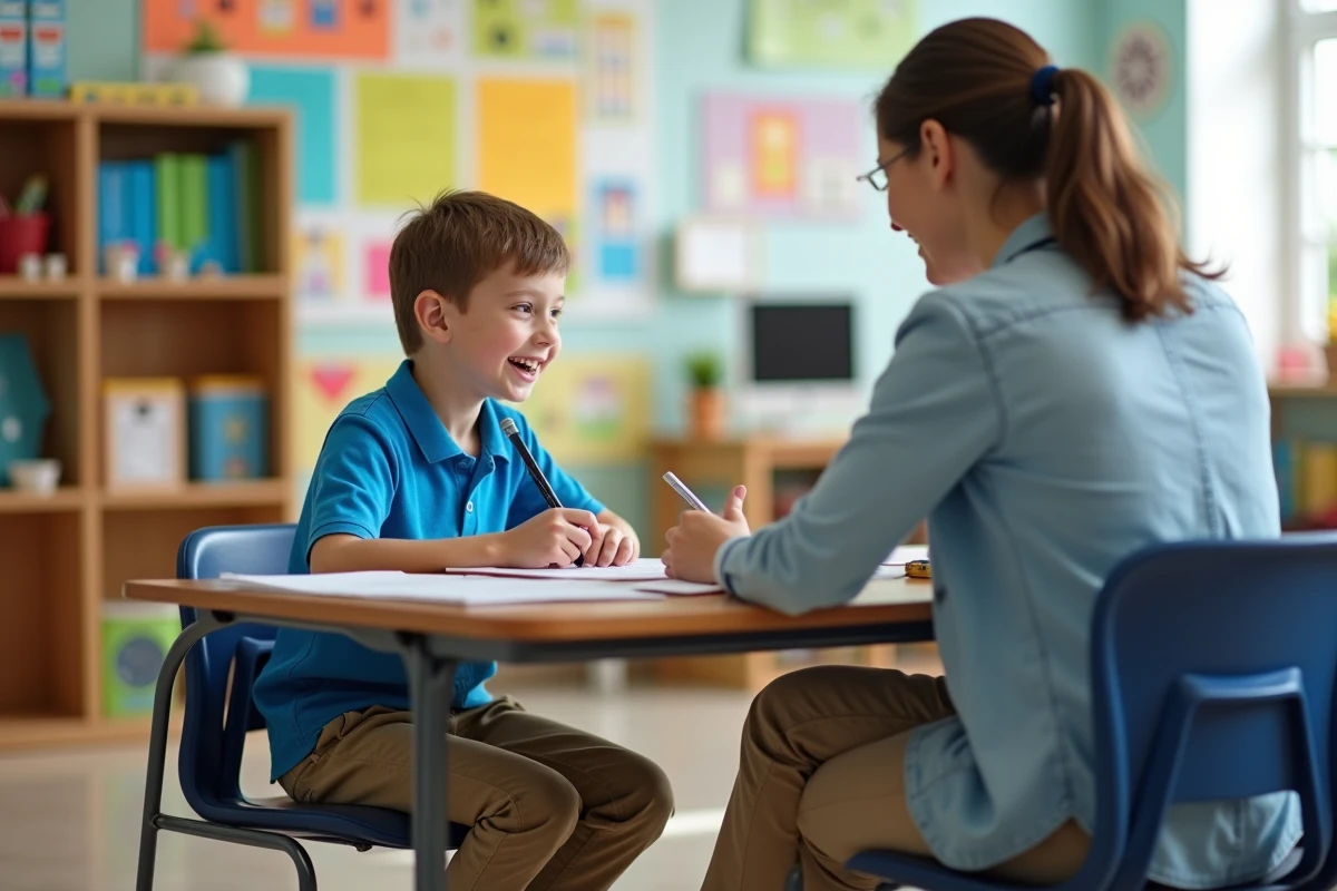 Gar&ccedil;on avec enseignante dans salle inclusive