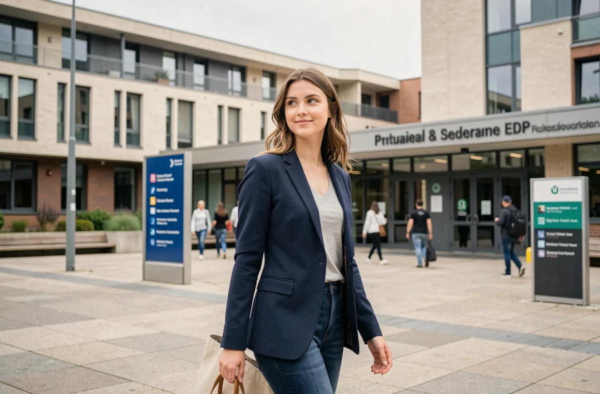 Étudiante du Groupe Alternance marchant sur le campus, illustrant les formations en alternance à Nantes, Angers, La Roche-sur-Yon et Le Mans