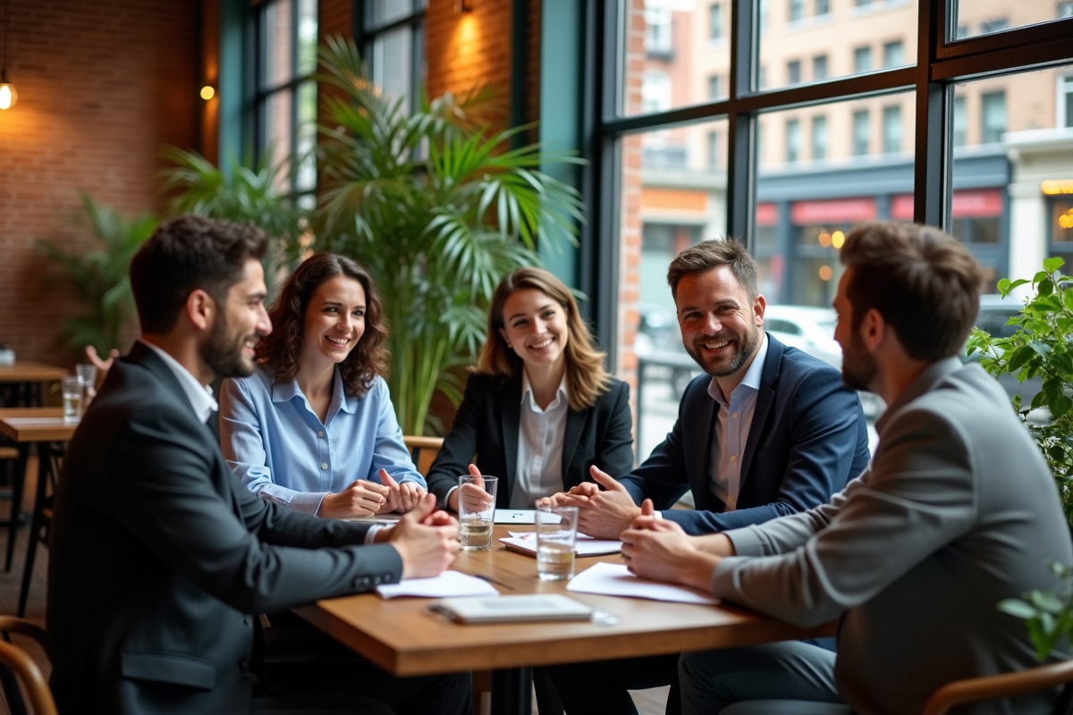 Groupe de collègues discutant dans un café urbain