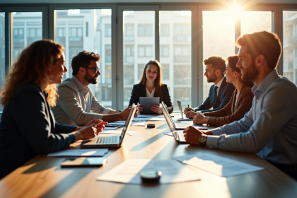 Groupe de professionnels en brainstorming dans un bureau lumineux
