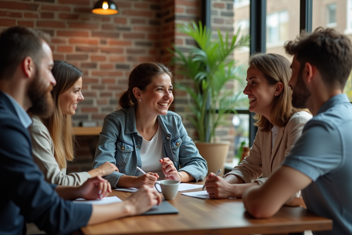 Groupe diversifié en discussion animée dans un café chaleureux