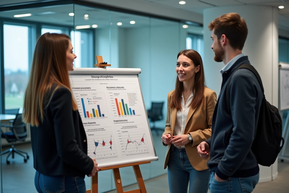 Groupe d'&eacute;tudiants en grande &eacute;cole discutant des &eacute;carts entre classement SIGEM et d&eacute;bouch&eacute;s r&eacute;els devant un tableau d'infographies