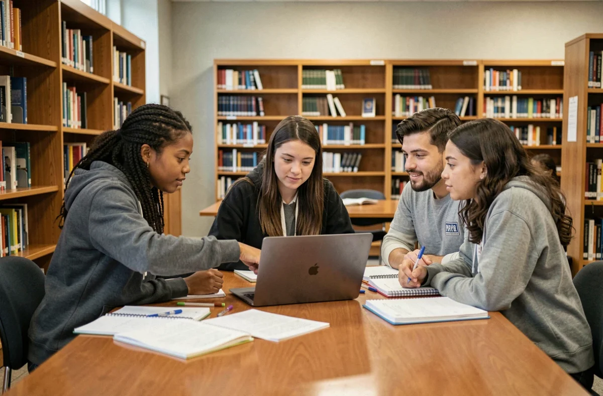 Groupe d'étudiants UPVD consultant l'emploi du temps en ligne ensemble à la bibliothèque universitaire