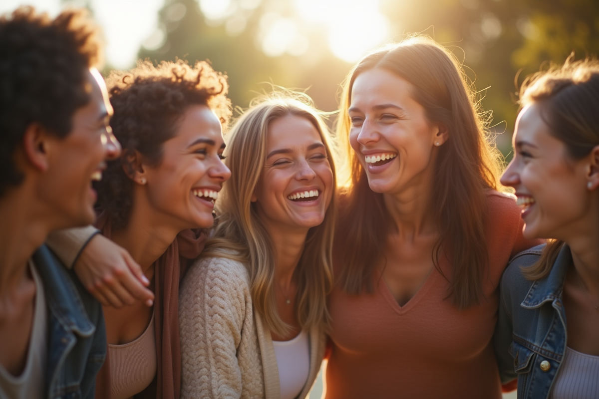 Groupe de jeunes adultes souriants en plein air lors d'une journée ensoleillée