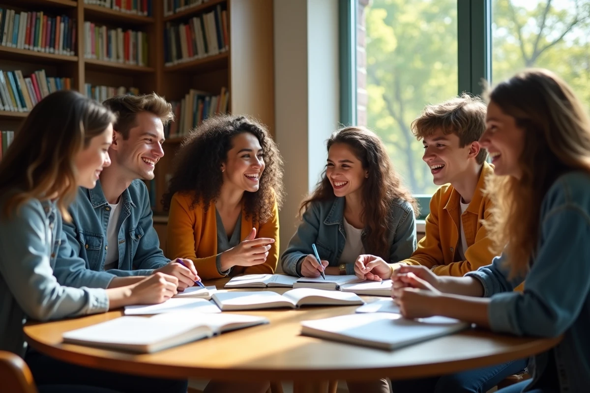 Groupe de lyc&eacute;ens discutant autour d une table en biblioth&egrave;que