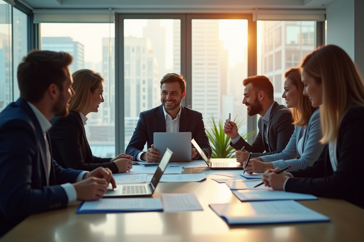 Groupe de professionnels dans un bureau moderne pour l'article sur {titre}
