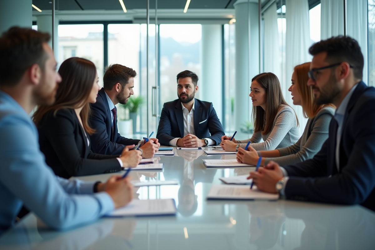 Groupe de professionnels en réunion dans un bureau moderne