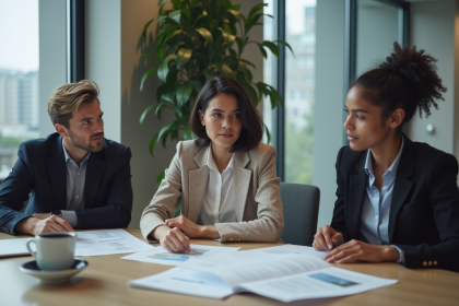 Groupe de professionnels en réunion dans un bureau moderne