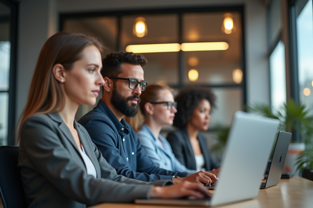Groupe de jeunes professionnels suivant un cours en ligne dans un bureau lumineux