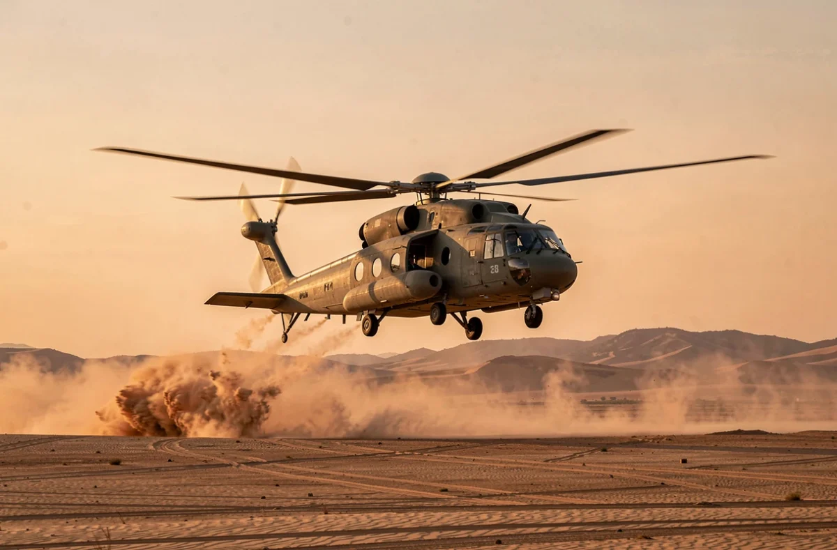 Hélicoptère de transport militaire se posant dans un paysage désertique au coucher du soleil