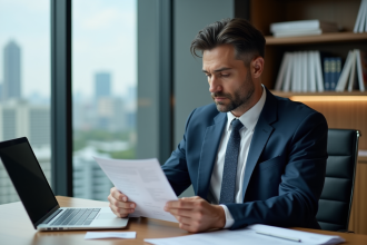 Homme d'affaires en costume regardant un catalogue finance