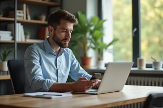 Homme d'affaires connecté sur son ordinateur dans un bureau lumineux