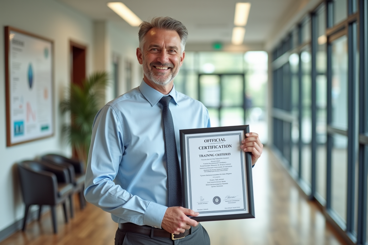 Homme souriant tenant son certificat dans un couloir lumineux