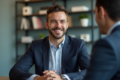 Homme en costume navy lors d'une conférence professionnelle