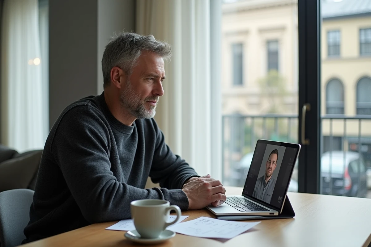 Homme adulte suivant un cours en ligne de formation détective privé sur tablette dans un appartement moderne