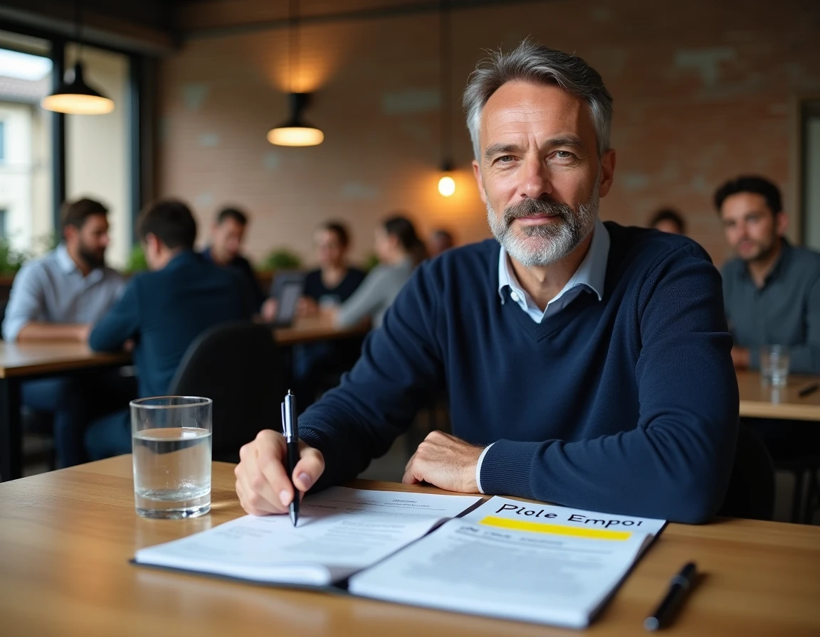 Homme en espace de coworking rédigeant son CV à partir d'une fiche métier Pôle Emploi annotée