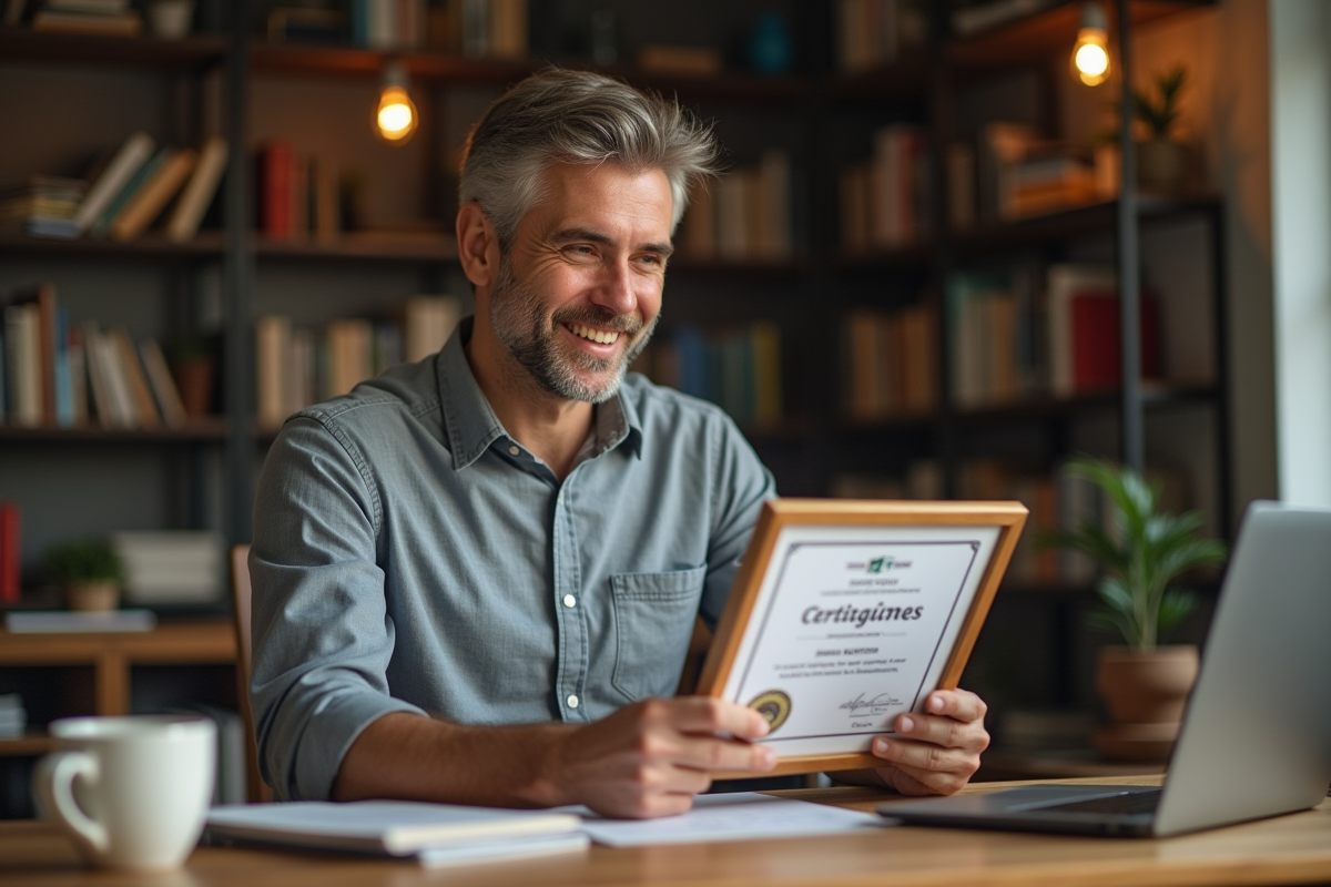 Homme étudiant regardant son certificat dans un espace cosy