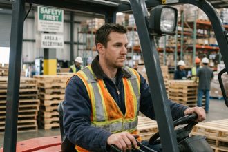 Homme en veste de travail et gilet réfléchissant dans un entrepôt