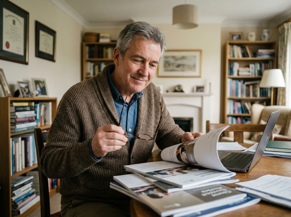 Homme âgé étudiant avec brochures et lunettes à la maison